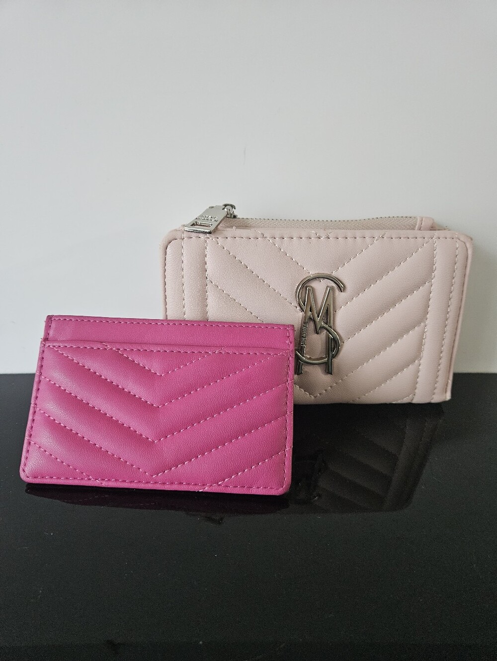 Steve Madden Pastel Pink Quilted Wallet with Zippered Coin Pouch and Hot Pink Ca